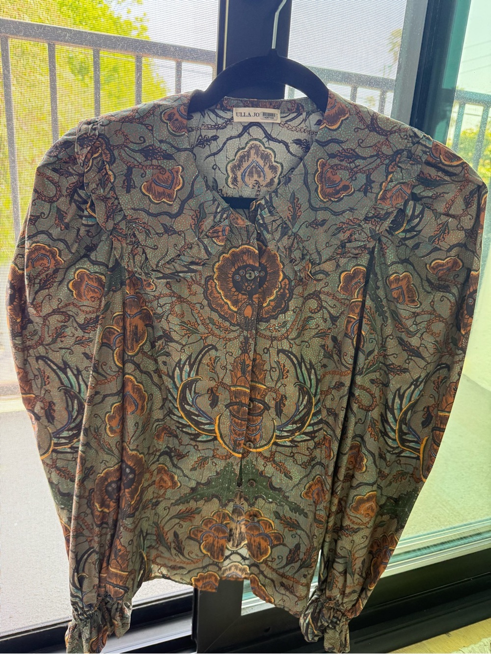 Ulla Johnson Floral Ruffle Boho Blouse in Olive, Rust & Teal
